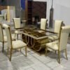 Set Meja Makan Mewah Stainless Steel Gold 6 Kursi Modern Elegan - Desain Oval Unik