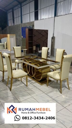 Set Meja Makan Mewah Stainless Steel Gold 6 Kursi Modern Elegan - Desain Oval Unik