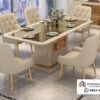 Set Meja Makan Marmer Mewah 6 Kursi dengan Kaca Emas - Desain Kontemporer Elegan