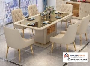 Set Meja Makan Marmer Mewah 6 Kursi dengan Kaca Emas - Desain Kontemporer Elegan