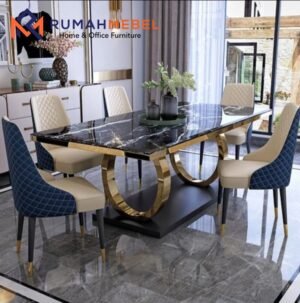Set Meja Makan Mewah Kaki Gold & Top Marmer Hitam – Desain Modern Elegan 6 Kursi