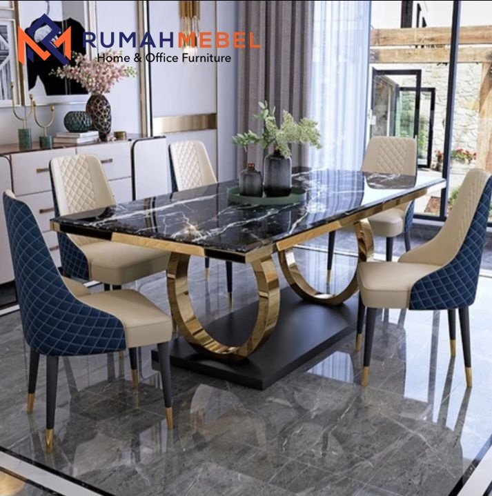 Set Meja Makan Mewah Kaki Gold & Top Marmer Hitam – Desain Modern Elegan 6 Kursi