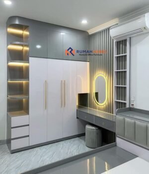 Set Lemari Pakaian Custom & Meja Rias Minimalis Modern (Tone Abu & Putih)