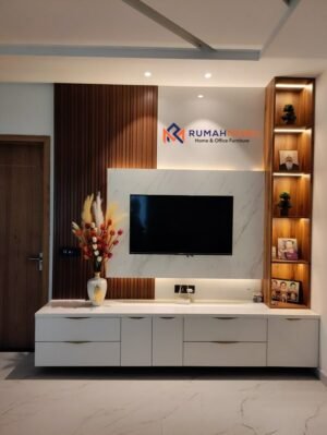 Backdrop TV Panel Marmer Mewah & Credenza Minimalis