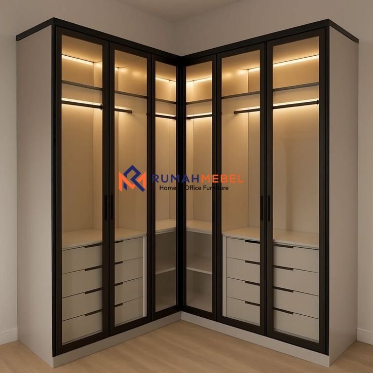 Lemari Pakaian Sudut L Shape Mewah Minimalis Pintu Kaca Hitam