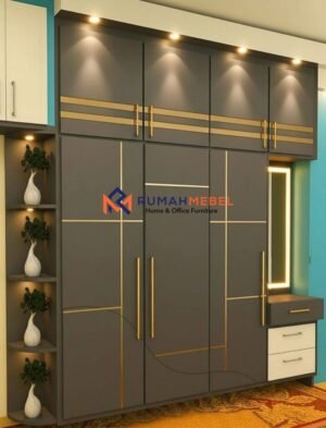 Lemari Pakaian Custom Minimalis Mewah dengan Aksen Emas & Lampu LED | RumahMebel
