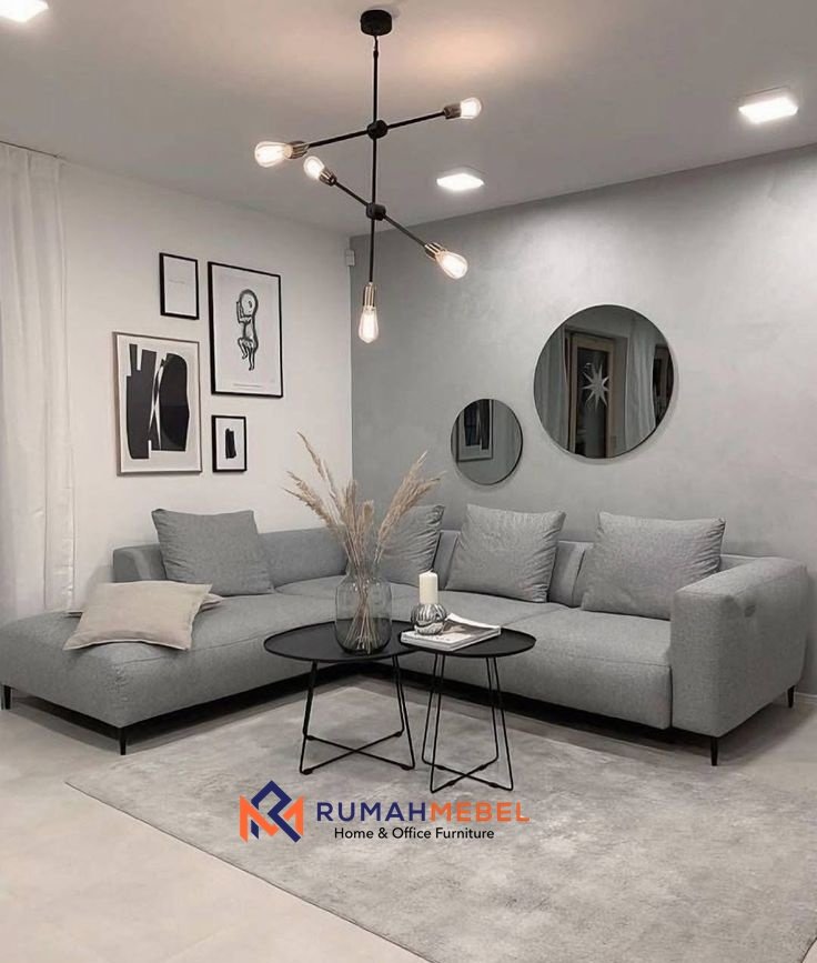 Sofa Sectional Minimalis L Shape Modern Abu-Abu | Dekorasi Ruang Tamu Skandinavia
