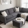 Sofa Sectional L-Shape Modern Minimalis Abu-Abu Gelap dengan Ottoman