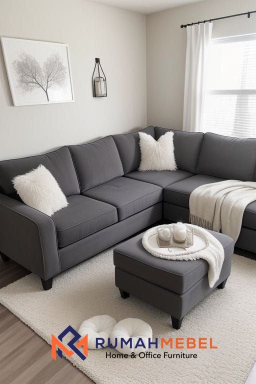 Sofa Sectional L-Shape Modern Minimalis Abu-Abu Gelap dengan Ottoman