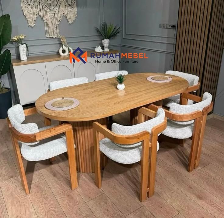 Meja Makan Oval Jati 6 Kursi: Seri Elegansi Skandinavia dengan Aksen Ribbed Pedestal