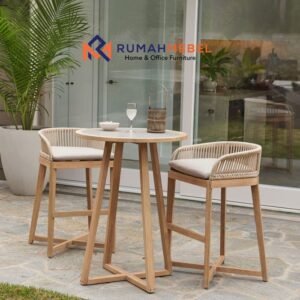 Set Meja Bar Cafe Minimalis Outdoor Kayu Jati dan Kursi Rotan Sintetis