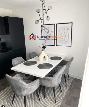 Set Meja Makan Minimalis Kontemporer 6 Kursi Velvet Abu-abu dan Meja Putih Glossy