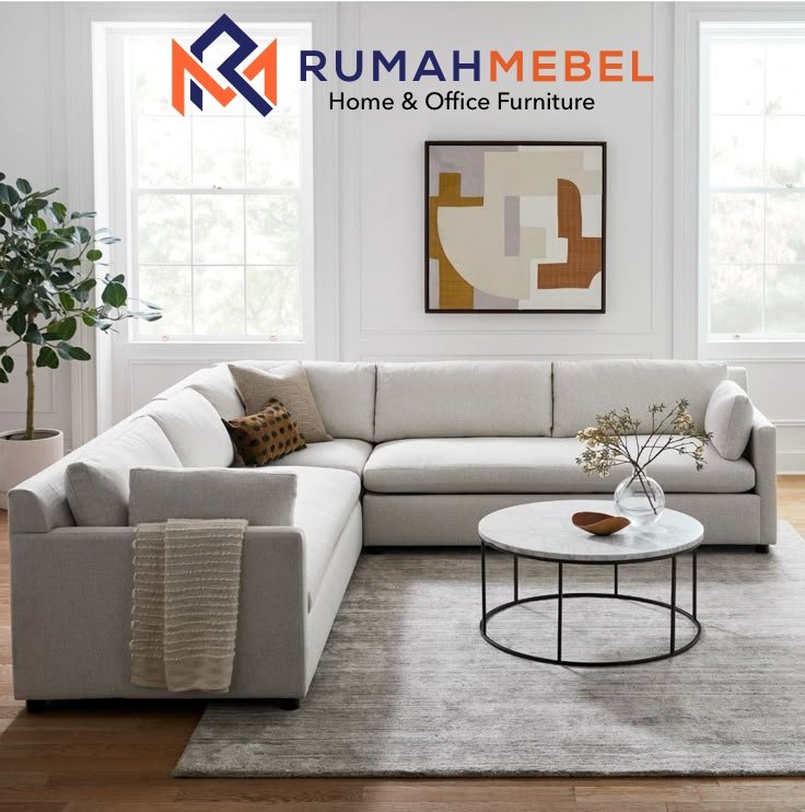 Sofa Sectional Minimalis Modern Bentuk L | Meja Kopi Marmer Bundar Ruang Tamu 