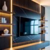 Modern Floating TV Backdrop Dinding Marmer Hitam & Aksen Kayu Vertikal LED