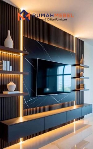 Modern Floating TV Backdrop Dinding Marmer Hitam & Aksen Kayu Vertikal LED