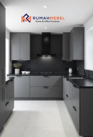 Kitchen Set Galley Minimalis Monokromatik Abu-abu Gelap dengan Handleless Design