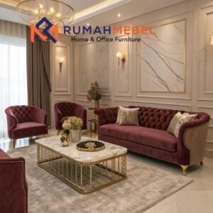 Set Sofa Ruang Tamu Mewah Chesterfield Beludru Maroon dengan Meja Marmer