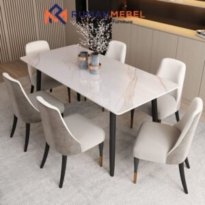 Set Meja Makan Modern 6 Kursi: Kombinasi Eksklusif Meja Marmer dan Kursi Beludru Elegan