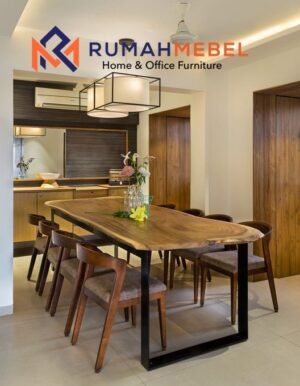 Set Meja Makan Trembesi Kayu Solid 6-8 Seater | Kaki Besi Industrial