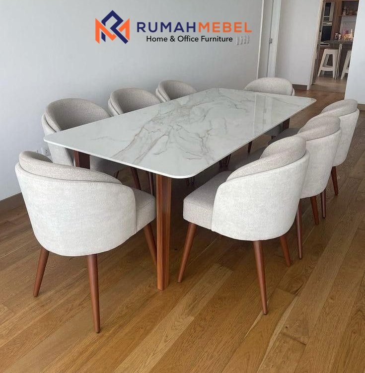 Set Meja Makan Marmer Modern 8 Kursi – Desain Mewah dan Nyaman