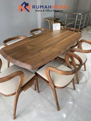 Set Meja Makan Trembesi Kayu Solid 6 Kursi Modern Mid-Century