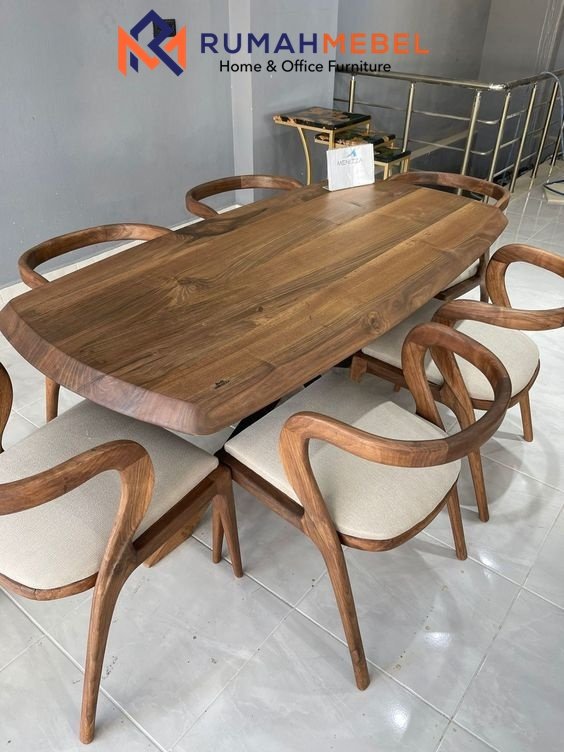Set Meja Makan Trembesi Kayu Solid 6 Kursi Modern Mid-Century