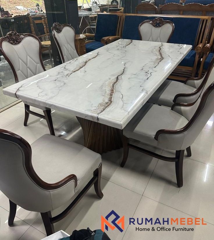 Set Meja Makan Marmer Carrara 6 Kursi Ukiran Klasik Modern