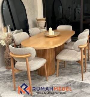 Set Meja Makan Oval Modern Kayu Premium dengan 6 Kursi Upholstery