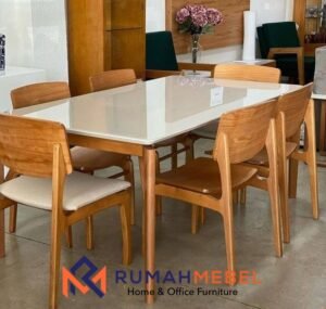 Set Meja Makan Skandinavia Modern 6 Kursi - Kombinasi Kayu Jati dan Glass Top
