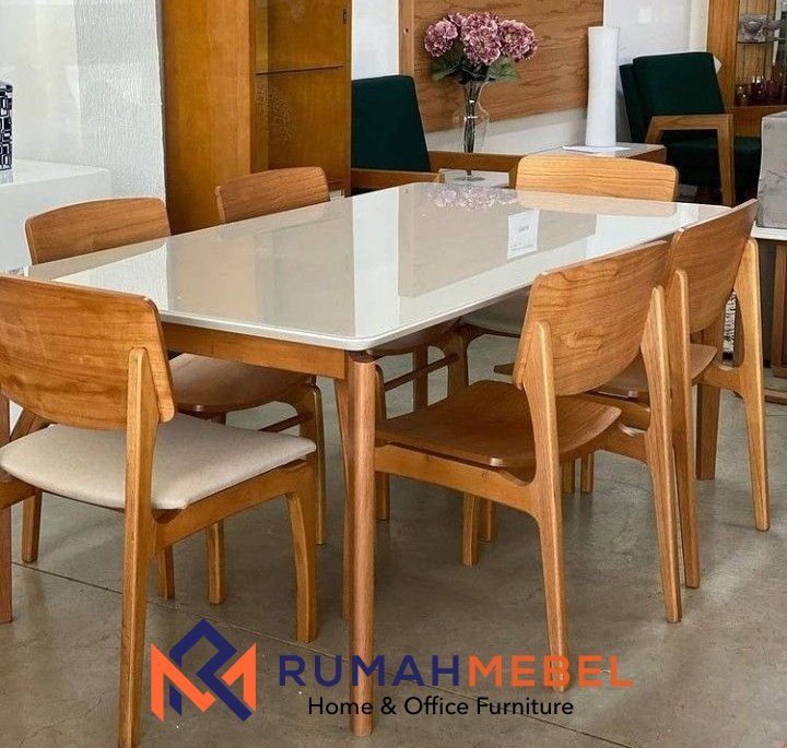 Set Meja Makan Skandinavia Modern 6 Kursi - Kombinasi Kayu Jati dan Glass Top