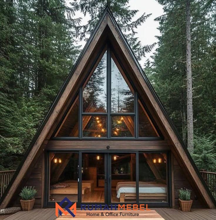 Jual Rumah Segitiga Kayu Jati Full Kaca - Desain Glamping Ikonik