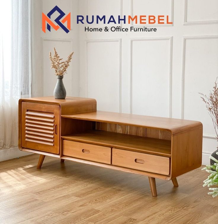 Meja TV Kayu Solid Jati Mid-Century Modern – Kabinet Sudut Melengkung