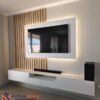 Meja TV Minimalis Modern Dinding dengan LED Backlight & Panel Kayu Estetik