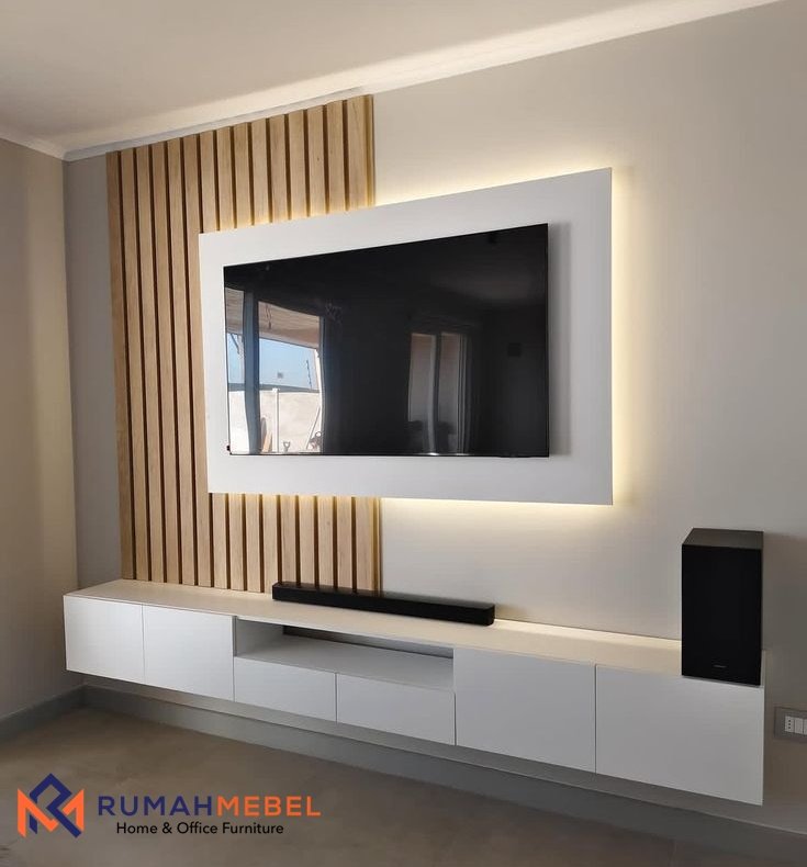 Meja TV Minimalis Modern Dinding dengan LED Backlight & Panel Kayu Estetik