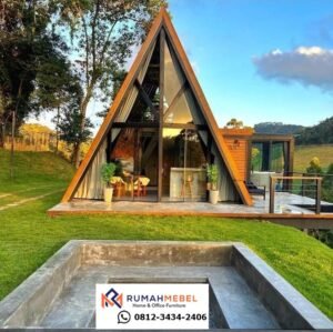 Desain Villa Kayu A-Frame Minimalis Full Kaca - Kualitas Mewah Harga Murah