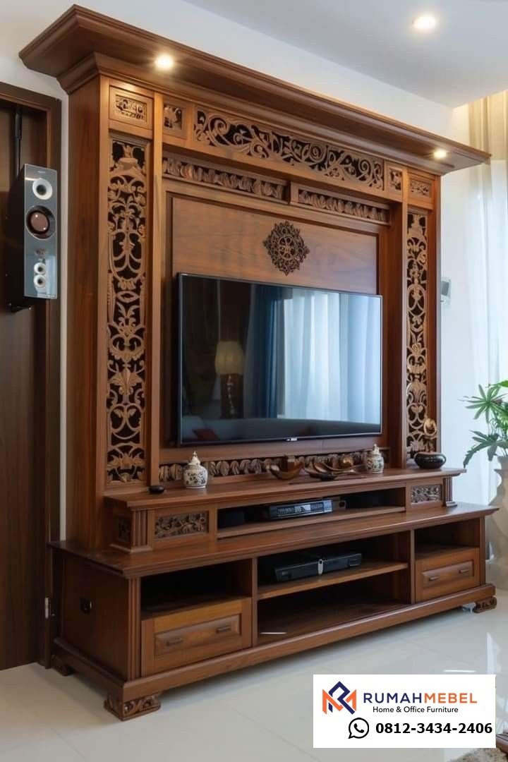 Lemari TV Dinding Kayu Jati Ukiran Jepara Mewah - Desain Klasik Solid dengan Pencahayaan Internal