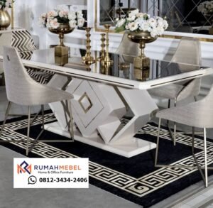 Set Meja Makan Marmer Modern Mewah 6 Kursi - Desain Geometris Gold & White Elegan