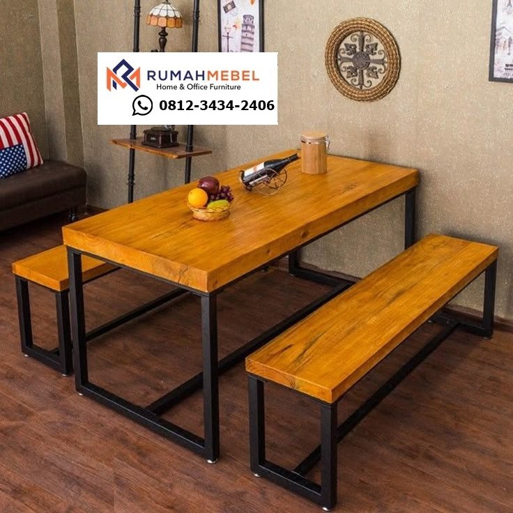 Set Meja Makan Minimalis Kayu Solid & Besi Hollow - Desain Rustic Kuat dan Tahan Lama