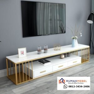 Meja TV Minimalis Modern Kaki Besi Emas | Jual Rak TV Top Marmer Industrial Glam