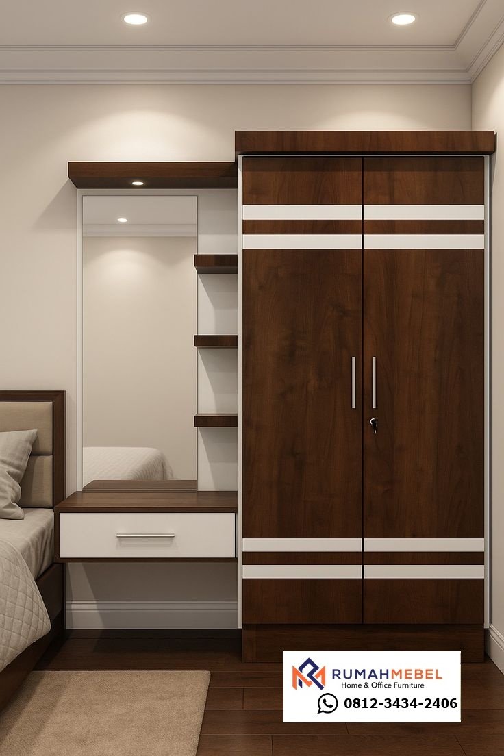 Lemari Pakaian 2 Pintu Minimalis dengan Meja Rias Terintegrasi - Kombinasi Warna Walnut & Putih