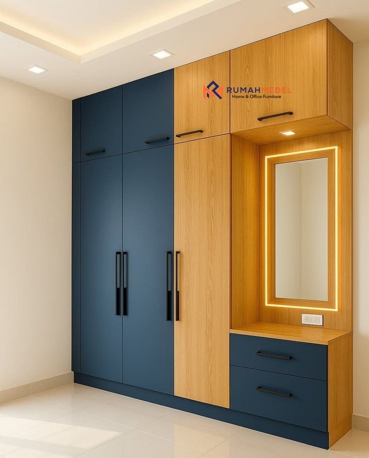 Lemari Pakaian HPL Minimalis Modern dengan Meja Rias – Desain Aesthetic dan Fungsional