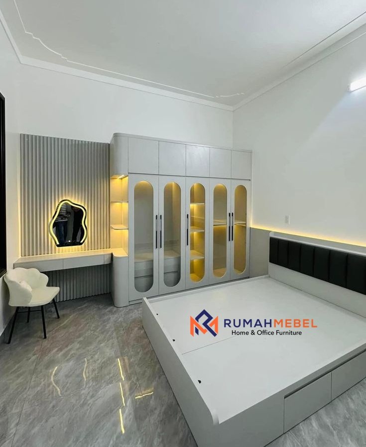 Furniture Kamar Tidur HPL Custom | Dilengkapi Storage Bed dan Meja Rias Built-in