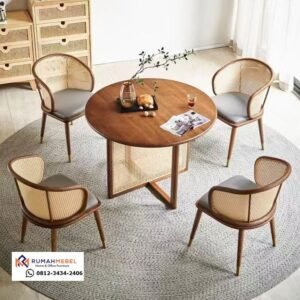 Meja Makan Bulat Rotan 4 Kursi: Furniture Estetik Minimalis Gaya Mid-Century