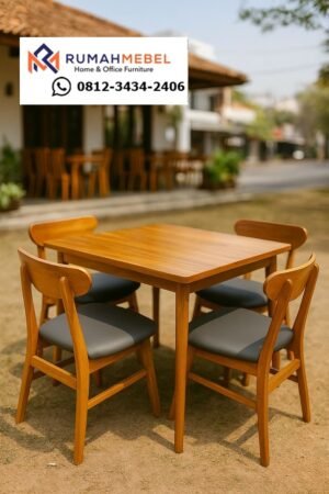 Set Meja Makan / Meja Kafe Minimalis Retro 4 Kursi Kayu Jati Solid - Modern & Estetik