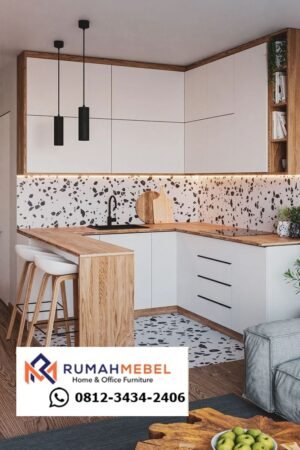 Kitchen Set Minimalis L-Shape dengan Meja Bar - Dapur Estetik Scandinavian