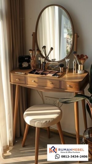 Meja Rias Minimalis Modern Kayu Jati – Desain Elegan dengan Cermin Unik dan Bangku Nyaman