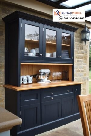 Lemari Buffet Klasik Hutch Hitam (Navy) dan Kayu Jati - Elegansi Abadi