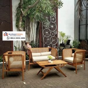 Set Kursi Tamu Rotan Kayu Jati Minimalis Modern – Desain Natural untuk Ruang Indoor & Outdoor