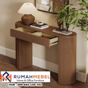 Meja Console Laci Oval Garis Kayu Solid