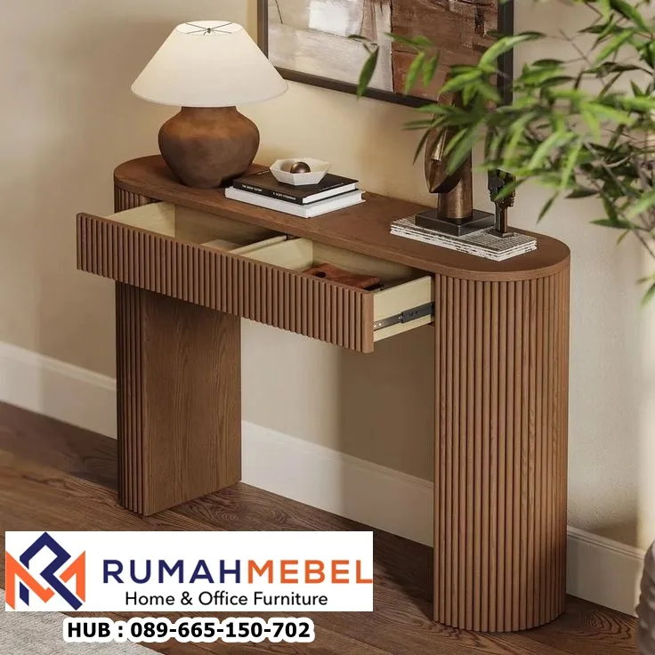 Meja Console Laci Oval Garis Kayu Solid